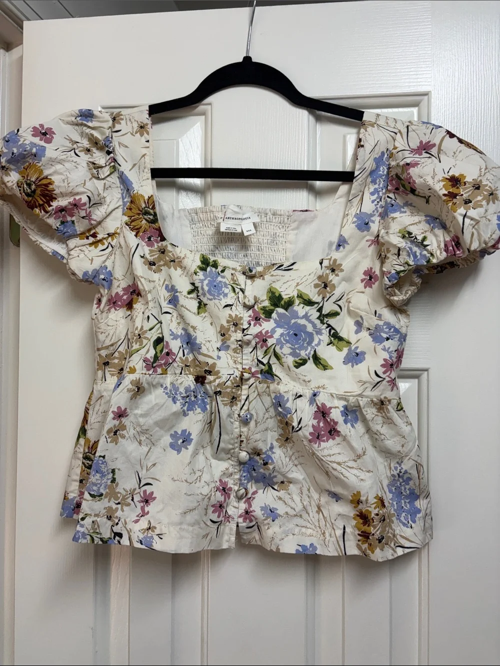 Anthropologie Floral Puff-Sleeve Square-Neck Top - Cream Blue